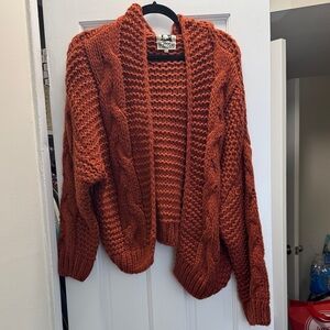 Cozy Chunky Cable Knit Open Cardigan Sweater - Rust